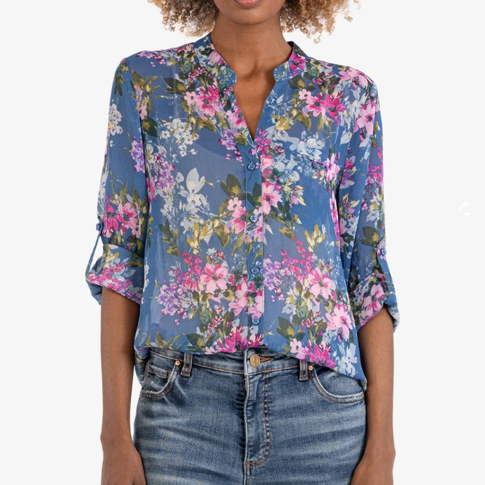 KUT from the Kloth Chiffon Roll-tab Sleeve Blouse, Size XSP *Fits XS/S Reg - Picture 4 of 9